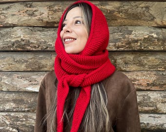 Handmade Wool Hooded Scarf, Chunky Knit Red Winter Shawl