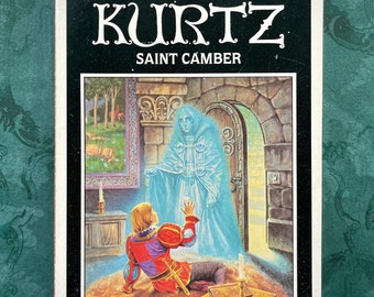 May include: A book cover for "Saint Camber" by Katherine Kurtz. The cover features a blue, ghostly figure in a robe, standing in a doorway. A man in a red and black tunic looks up at the ghost.