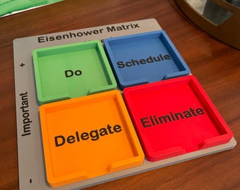 May include: An Eisenhower Matrix organiser with four coloured trays: green "Do", blue "Schedule", orange "Delegate", and red "Eliminate". The organiser is grey and has the words "Eisenhower Matrix" and "Important" printed on it.