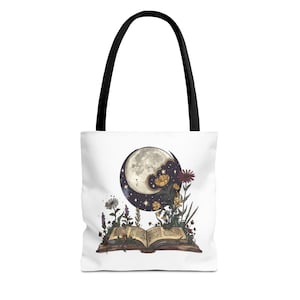 Mond & Blumen Tragetasche | Boho Chic umweltfreundlicher Shopper | Einzigartiges Buch-Liebhaber-Geschenk und stilvolle Innentasche für alle Gelegenheiten