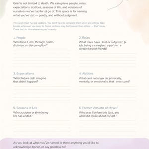 Può includere: Un foglio di lavoro stampabile intitolato What Have I Lost? con un delicato design ad acquerello e l'illustrazione di una foglia. Include sei sezioni per riflettere su persone, ruoli, aspettative, abilità, fasi della vita e versioni passate di sé.
