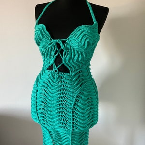 Turquoise Blue Hand Knitted Dress / Beach Dress/ Summer Lace Dress/ Romantic Lace Knit Dress