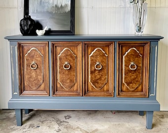 SOLD / Beautifully Refinished Buffet / 55" / Sideboard / Credenza / Vintage Buffet / Painted Buffet / Blue and Gold /