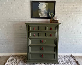 SOLD Dresser / Tall Boy / Refinished Furniture / Green Dresser / Solid Wood Dresser / Huntley Thomasville / Painted Dresser