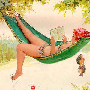 Print - Duane Bryers' plump and pretty Pin-up Hilda Fishing from the Hammock