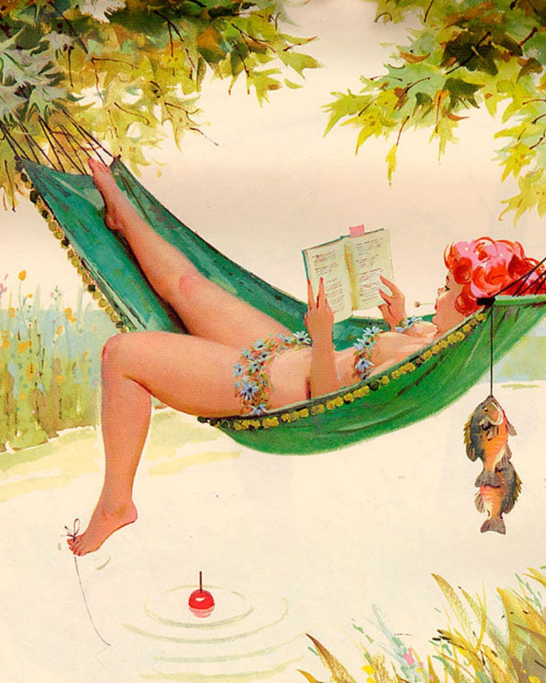 Print Duane Bryers' plump and pretty Pin-up Hilda Fishing from the Hammock image 1