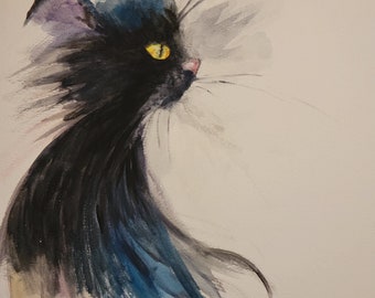 Print - Black Cat in Water Color - Original Art by Tia Wilson