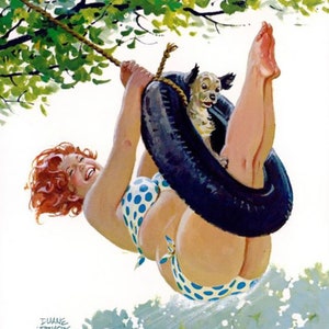 Print - Duane Bryers' plump and pretty Hilda on a tire swing