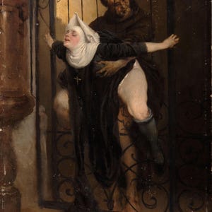 May include: An oil painting depicting a figure in a dark habit and white headpiece being held against a dark metal gate by a second figure in a dark brown robe. The scene features high contrast lighting, dark tones, and a visible signature at the bottom.