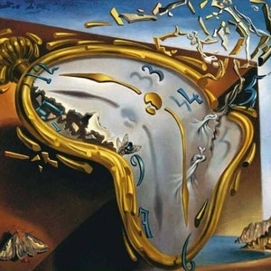 May include: A surrealist painting of a melting clock with Roman numerals, a fly, and a moth. The clock is set against a background of a blue sky, a rocky cliff, and a body of water.