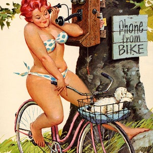 Print - Duane Bryers' plump and pretty Pin-up Hilda - Phone from Bike