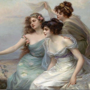 May include: Three women in flowing gowns are depicted in a painting. The woman on the left is holding a branch with pink blossoms. The woman in the center is wearing a white gown with a purple sash. The woman on the right is wearing a green gown with a yellow sash.