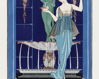 May include: A woman in a blue and white dress stands in front of a fountain with a seashell design. The fountain is decorated with pink and white flowers. The woman is holding a seashell in her hand. The text "LA FONTAINE DE COQUILLAGES Robe du soir de Paquin" is at the bottom of the image.