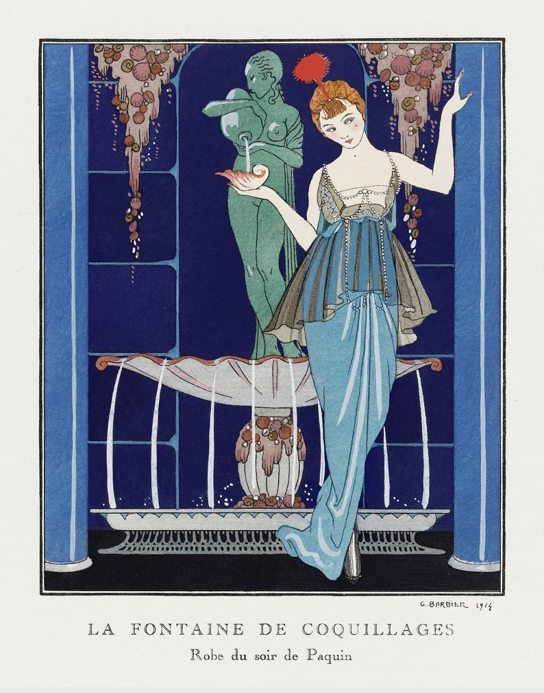 May include: A woman in a blue and white dress stands in front of a fountain with a seashell design. The fountain is decorated with pink and white flowers. The woman is holding a seashell in her hand. The text "LA FONTAINE DE COQUILLAGES Robe du soir de Paquin" is at the bottom of the image.