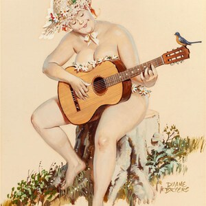 Print - Duane Bryers' plump and pretty Pin-up Hilda - Playing Guitar