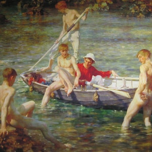 May include: A painting of a group of young men in a boat on a river. The men are all shirtless and have their hair pulled back. The boat is wooden and has a blue and white paint job. The river is calm and the water is a light blue color. The sky is a light blue color and there are some clouds in the sky.