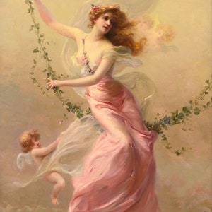 May include: A woman in a pink dress swings on a vine with a cherub holding onto her dress. The woman has long red hair and is wearing a floral crown. The background is a soft yellow with clouds.