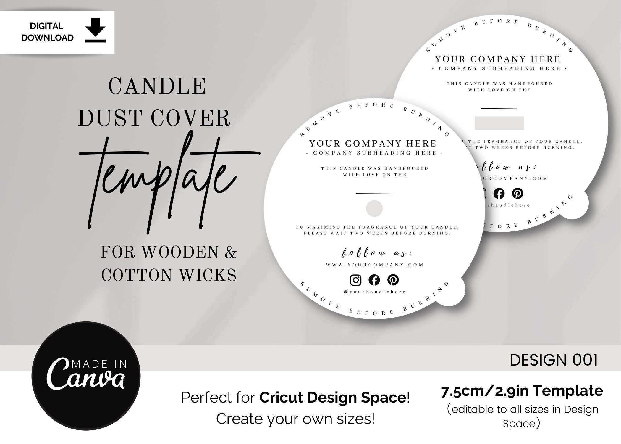 Printable Candle Dust Cover Template, Editable Candle Dust Covers,  Minimalist Candle Dust Cover Circle & Square 
