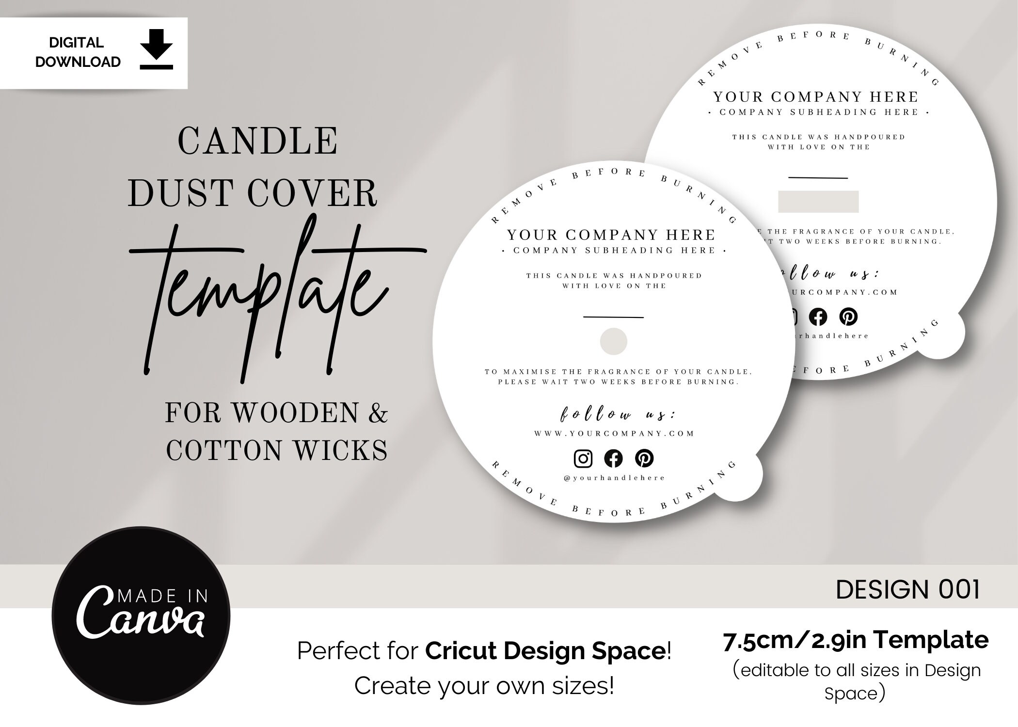 Candle Dust Cover Template / Editable Candle Dust Cover / Canva Template /  Cricut Dust Cover / Dust Cover for Cricut Design Space / 7.5cm 