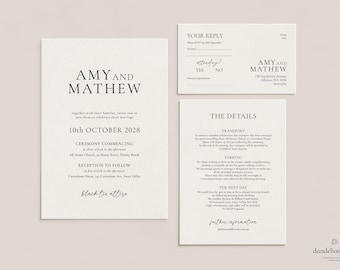 Paquete de invitaciones de boda Adeline de tres tarjetas / Juego de invitaciones de boda impresas / Invitación de boda editorial moderna / Paquete de tres tarjetas