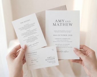 Invitación de boda moderna impresa / Conjunto de invitaciones de boda minimalistas / Elegante conjunto en blanco y negro / Paquete de tres tarjetas / ADELINE