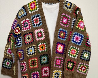 Hand Embroidered Knitted Brown Crochet Cardigan, Custom Design, Crochet Coat, Cardigan, Handmade, Motifs Squares, Gift For Woman, Jacket