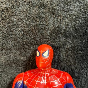May include: A red and blue Spider-Man action figure. The figure has a red head and torso with a white spiderweb design. The arms are blue. A black spider emblem is on the chest. The figure is a collectible toy.