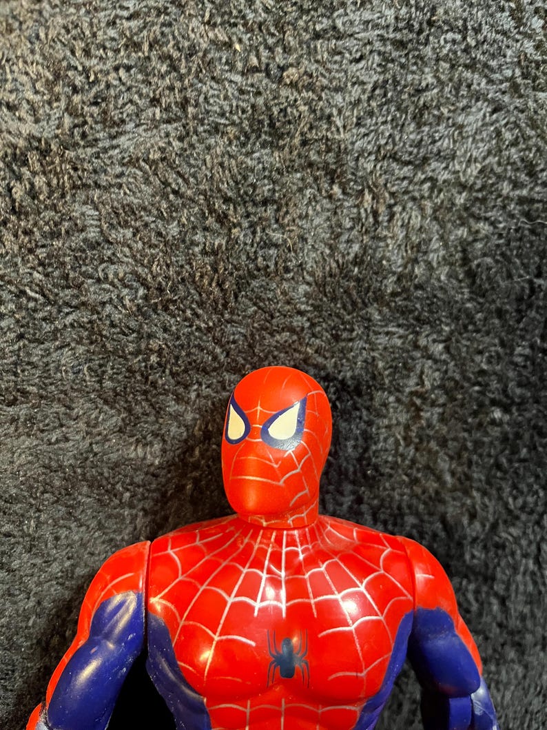 May include: A red and blue Spider-Man action figure. The figure has a red head and torso with a white spiderweb design. The arms are blue. A black spider emblem is on the chest. The figure is a collectible toy.