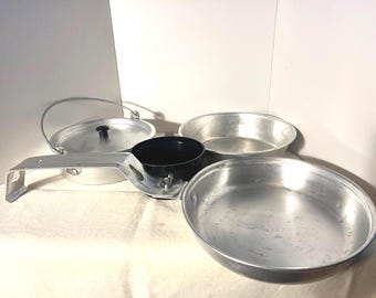 Vintage Aluminum Camping Mess Kit: 5-Piece Cookware Set