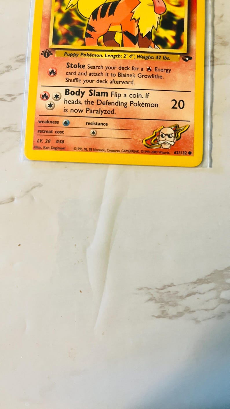以下が含まれることがあります： オレンジと黄色の犬のような生き物が描かれたポケモンカード。カードには、20のダメージ値を含む、生き物の能力とステータスを説明するテキストがあります。カードには#58と62/132と記載されています。