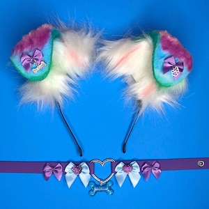Los "Colores" Cachorro perro rosa Pastel Kawaii Orejas de perro con collar diadema banda para la cabeza cosplay