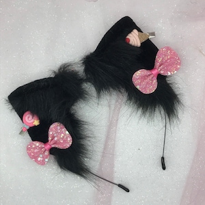 Black  “ Pink Bows ” Cat Pastel Kawaii Kitten cat  Ears Candy headband head band cosplay
