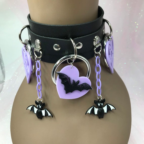 Black purple “ Batty “ Pastel kawaii emo goth Choker Necklace Collar bat  pentagram