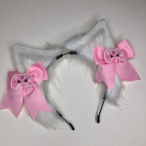 Pink / White “ Gamer Girl ” Cat Pastel Kawaii Kitten cat  Ears Witch headband head band cosplay