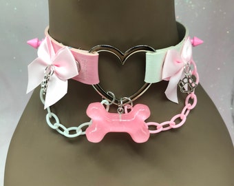 Pink  “ Puppy Bone “ Pastel kawaii emo goth Choker Necklace Collar cat kitten dinosaur