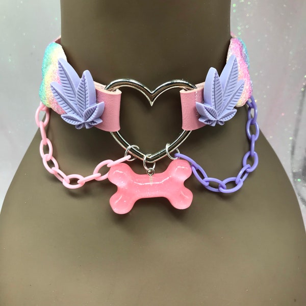 Pink “ 420 pup “ Pastel kawaii emo goth Choker Necklace Collar cat kitten dog yellow puppy bone