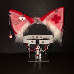 Red pink White “ Nurse ” Cat Pastel Kawaii Kitten cat  Ears  headband head band cosplay heart collar choker