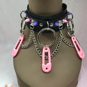 Black  “ Safety pin  “ Pastel kawaii emo goth Choker Necklace Collar purple pink baby