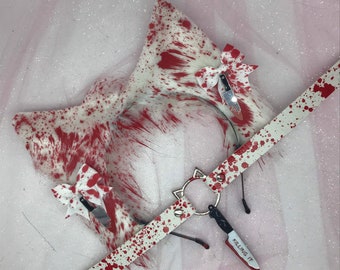 18 + mature The “ Psycho  “ / White Red Cat Kitten Halloween horror Dog Ears   headband head band cosplay collar choker set blood