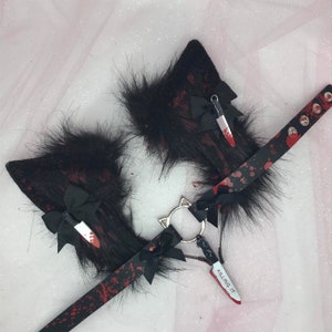 18 + mature The “ Psycho  “ / Black Red Cat Kitten Halloween horror Dog Ears   headband head band cosplay collar choker set blood