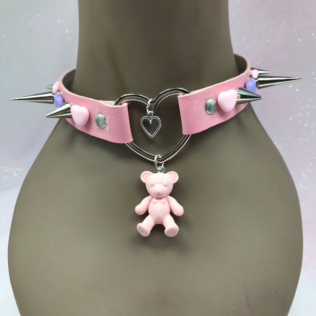 Pink Purple Teddy Pastel Kawaii Emo Goth Choker Necklace Collar Cat ...