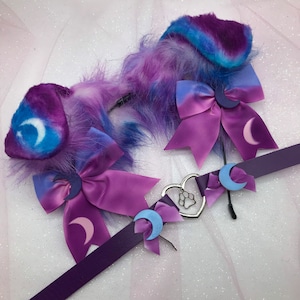 The “ Lunar Crescent “ Pink blue / White pink Puppy princess Pastel Kawaii Dog Ears   headband head band cosplay collar choker set