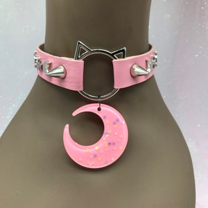 Pink  ‘ Moon   “ Pastel kawaii emo goth Choker Necklace Collar cat kitten star lunar