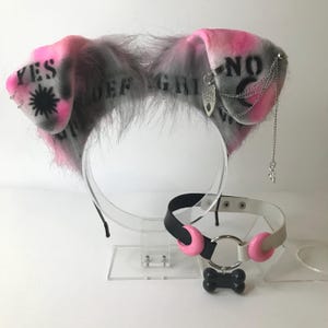 Diadema de bruja con orejas de perro Kawaii pastel, diadema, collar de cosplay, gargantilla, hueso, color negro y blanco, ouija, rosa y negro
