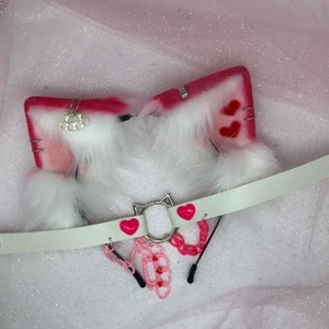Pink white  “ Knuckles ” Cat Pastel Kawaii Kitten cat  Ears  headband head band cosplay heart witch crow witch emo choker collar