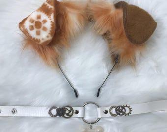 Brown white time piece watch punk puppy dog  Ears headband head band cosplay collar choker set bone