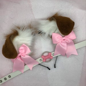 Brown / White pink Puppy princess Pastel Kawaii Dog Ears   headband head band cosplay collar choker set bone