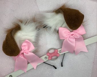 Brown / White pink Puppy princess Pastel Kawaii Dog Ears   headband head band cosplay collar choker set bone