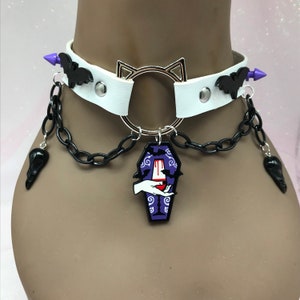 Purple black  ‘ Sleep “ Pastel kawaii emo goth Choker Necklace Collar cat kitten snake magic moon witch coffin bat