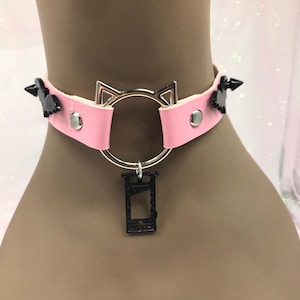 Pink black  ‘ Chopped “ Pastel kawaii emo goth Choker Necklace Collar cat kitten snake magic moon witch guillotine